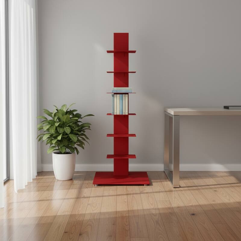 HomeRoots 38" Red Metal Six Shelf Modern Tower Bookcase - Red