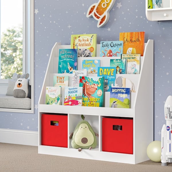 slide 2 of 16, RiverRidge Kids Playroom Bookrack with 3 Toy Organizer Cubbies and 4 Book Shelves - White with Optional Bins