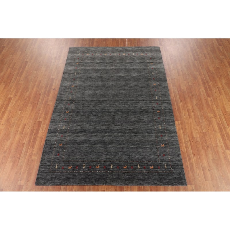 Tribal Green Gabbeh Indian Area Rug Handmade Wool Carpet - 6'8"x 9'9"