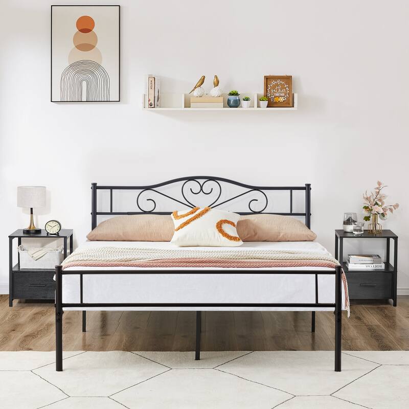 VECELO Industrial 3-Piece Bedroom Set Black Platform Bed Frame and Modern Nightstand Set of 2