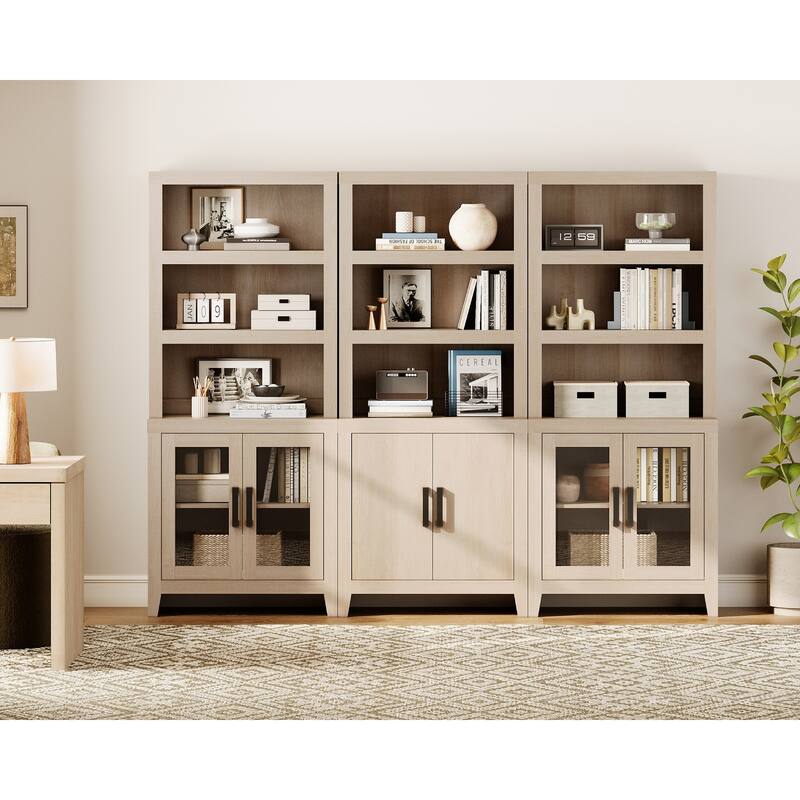 WAMPAT 74" Tall Bookshelf with Glass Doors, Farmhouse Bookcase with Open Shelves