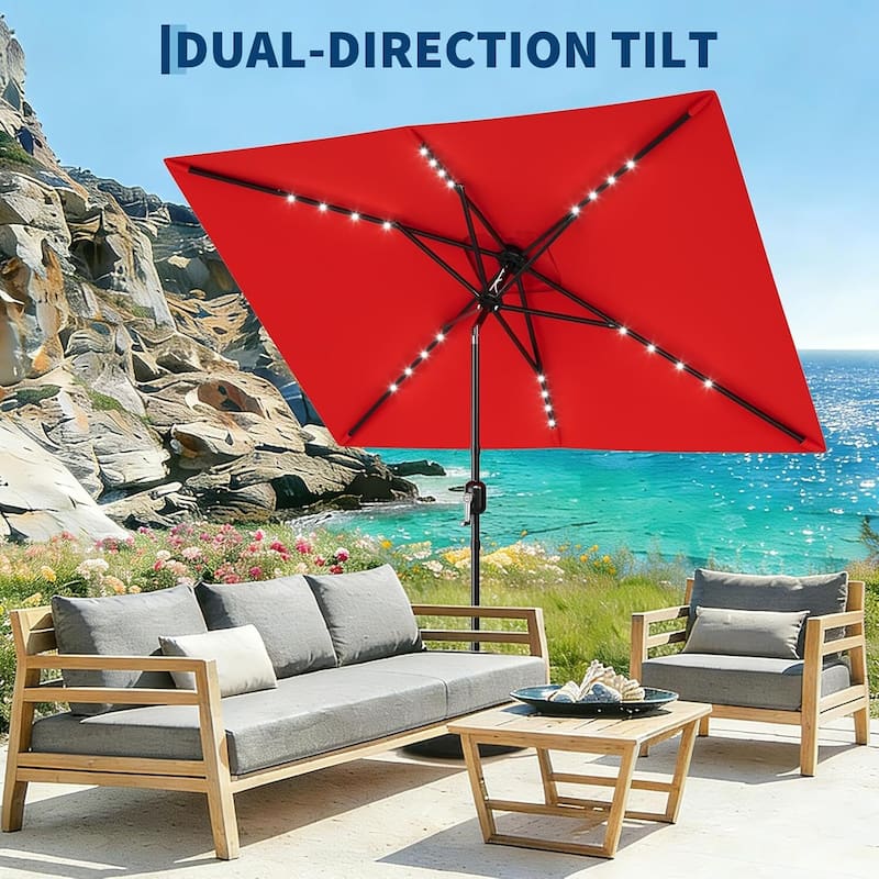 10' x 6.5' Solar Patio Umbrella with Crank and Push Button Tilt for Garden, Deck, Lawn, Pool with Lights (No Base)