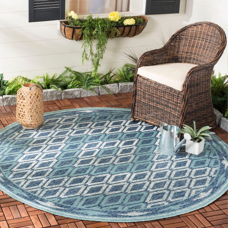 SAFAVIEH Courtyard Hannchen Indoor/ Outdoor Waterproof Patio Backyard Rug - 4' Round - Navy/Aqua