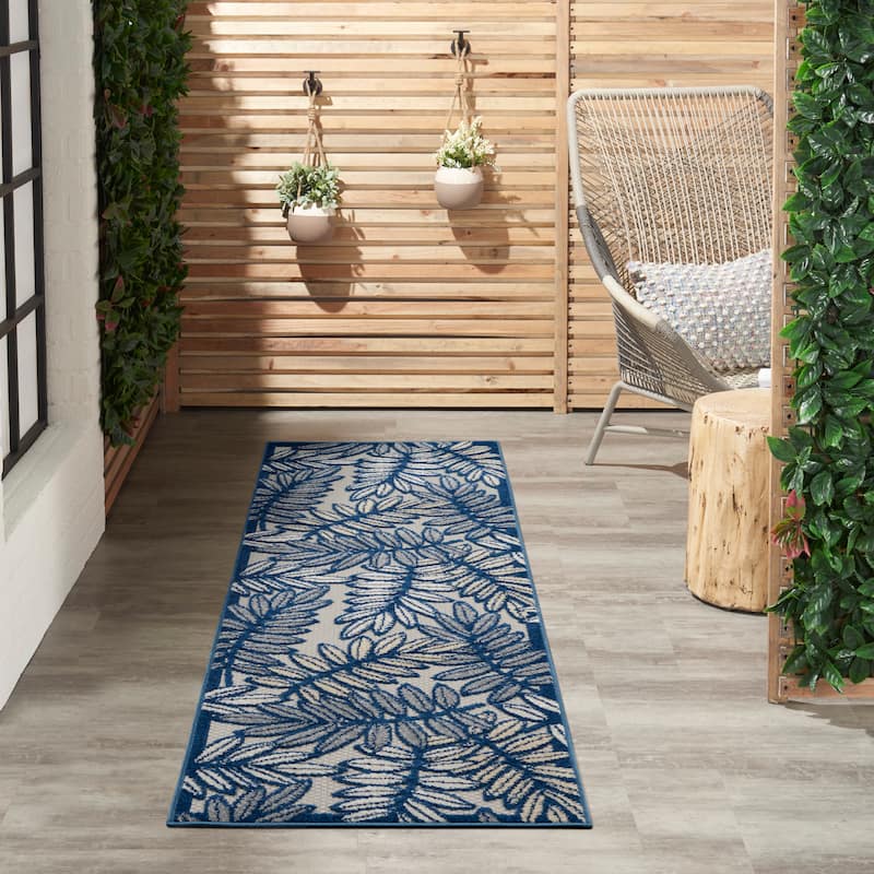 Nourison Aloha Leaf Print Vibrant Indoor/Outdoor Area Rug - 2'3" x 12' Runner - Ivory/Navy