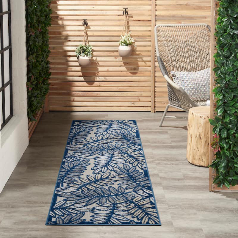 Nourison Aloha Leaf Print Vibrant Indoor/Outdoor Area Rug - 2'3" x 12' Runner - Blue/Ivory