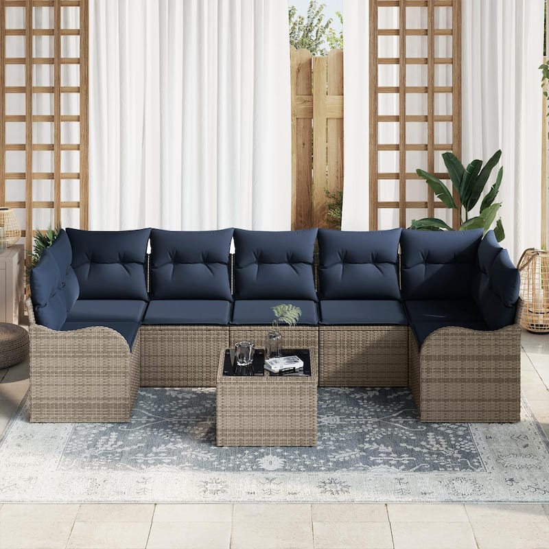 vidaXL 8 Garden Sofa Set with Cushions Black/Brown/Grey Poly Rattan - 113.8 x 48.2 x 27.2