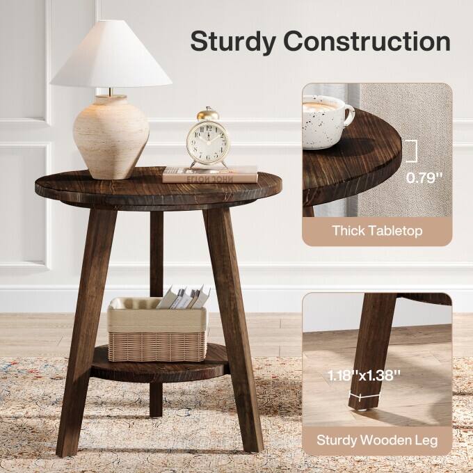 Solid Wood End Table, 2 Tiers Round Side Table, Farmhouse Nightstand