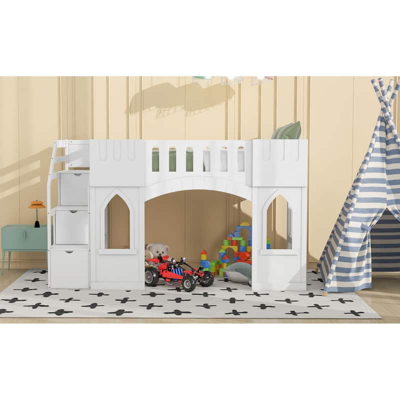 Twin Size Loft Bed with Storage Staircase and Window, Wood Twin Loft Bunk Bedframe w/Full-Length Guardrail, No Box Spring Needed