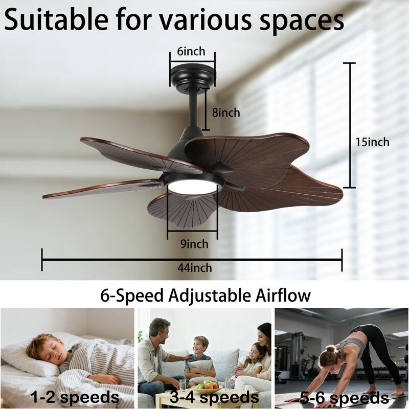 44-Inch Ceiling Fan with Light, 5 Solid Wood Blades, DC Motor, APP & Remote Control, Dimmable Full-Spectrum LED - Acacia Wood