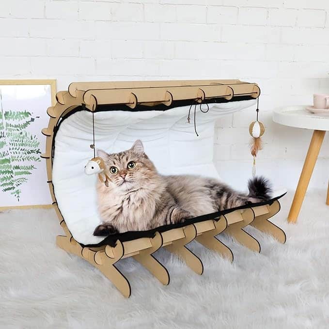 Modern Wood Cat Lounge Bed Hammock with Interactive Toys and Removable Pad - White