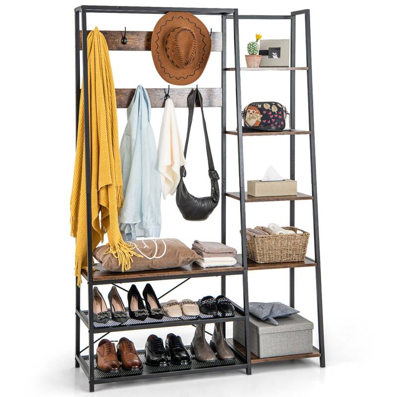 Costway 5-In-1 Entryway Coat Rack Storage Shoe Bench Freestanding - 1 PC - Black/Rustic Brown - 1 PC