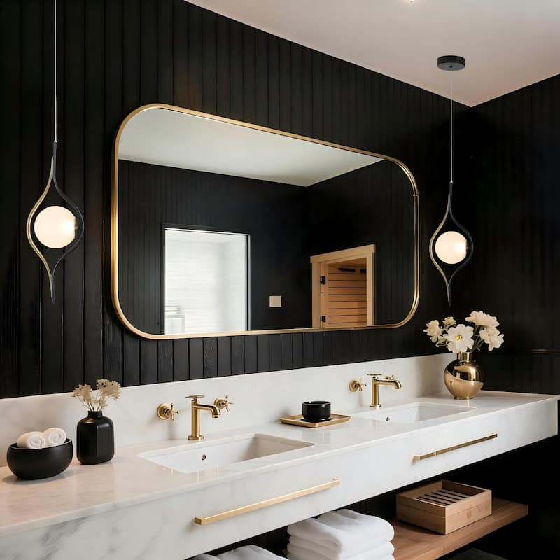 Modern Contemporary 1-Light Black Gold Kitchen Island LED Pendant Lights with Frosted Glass - 6.5" L x 5.5" W x 20" H