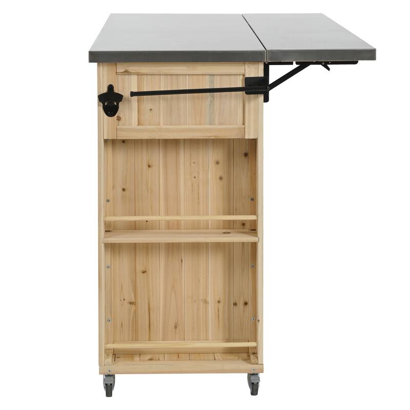 Outdoor Wood Kitchen Island w/ Stainless Steel Top,Towel,Bottle Opener