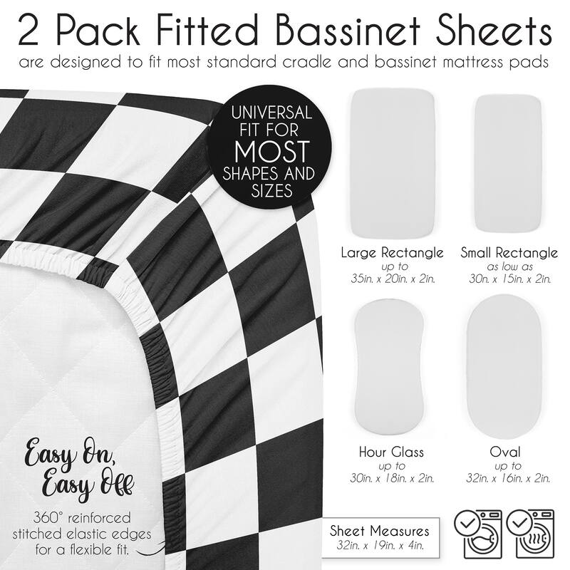 Sweet Jojo Designs Black/White Gingham Checkered Plaid Boy, Girl Unisex/Gender Neutral 2 Pack Baby Bassinet Fitted Sheets -Retro