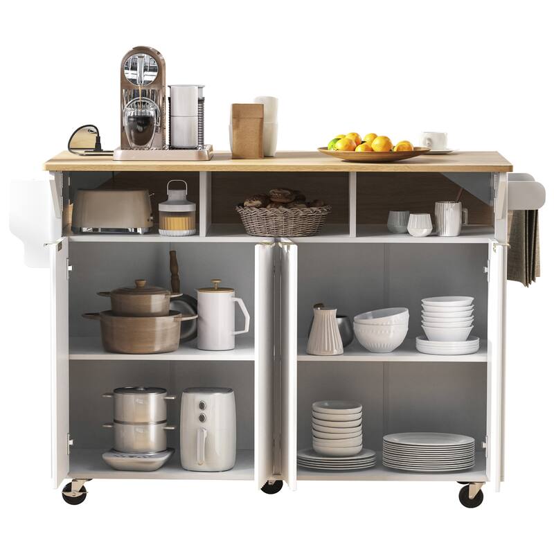 Fluted Kitchen Island with 2 Drop Leaf, 4 Doors Rolling Island Table, Kitchen Storage Cart with Power Outlet and Spice Rack