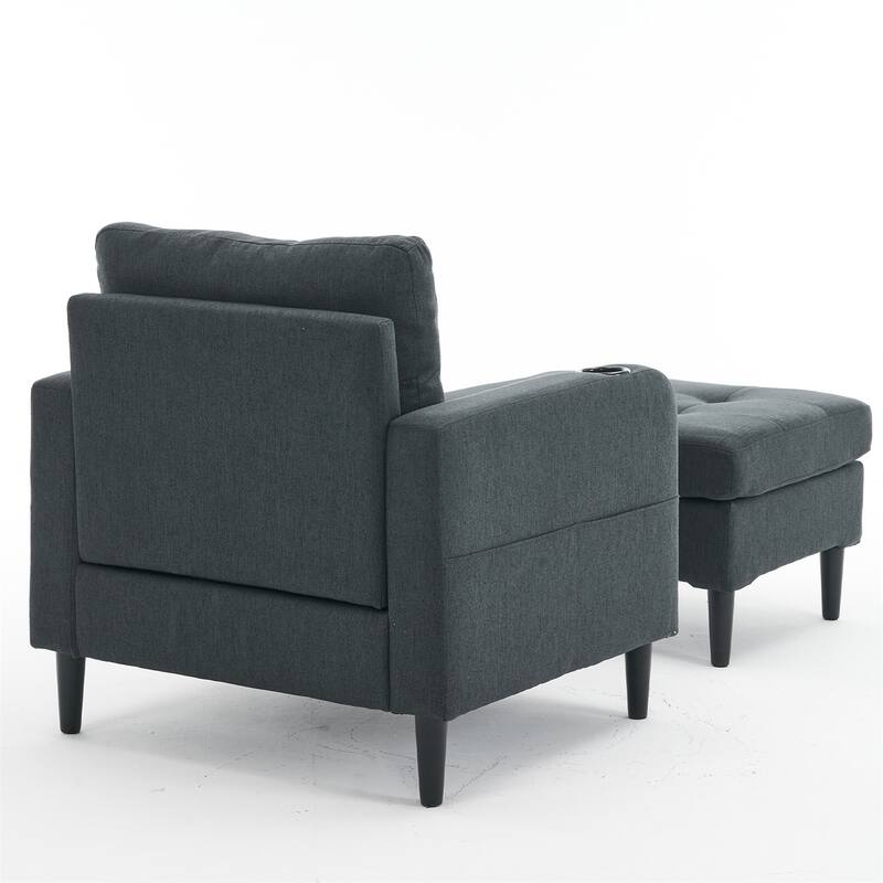 Armchair and Storage Ottoman Set with Cup Holders and Tufted Detailing