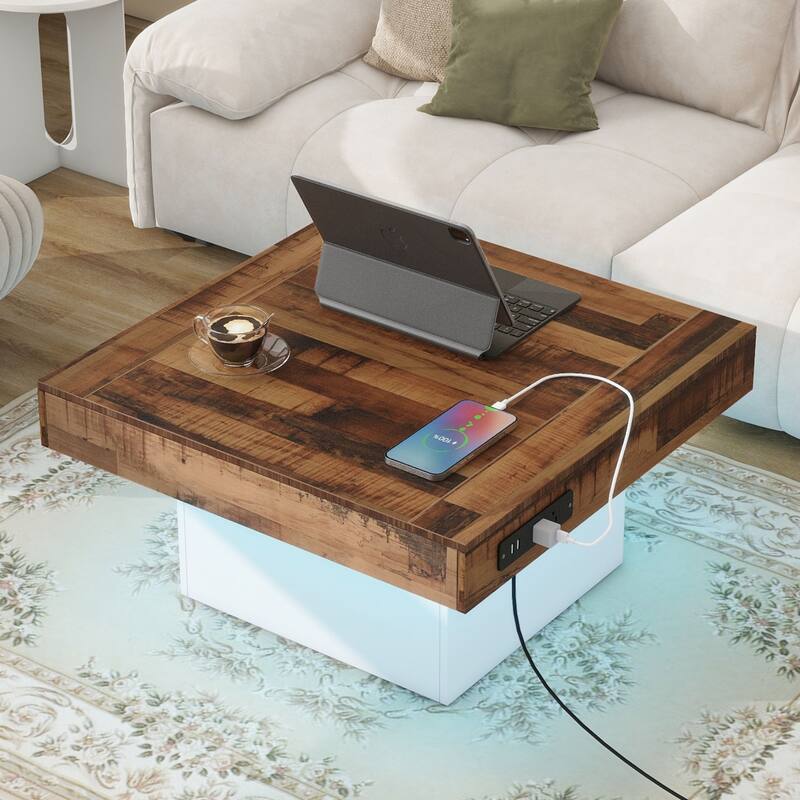 Farmhouse Coffee Table with 2 USB Ports and Outlets - White