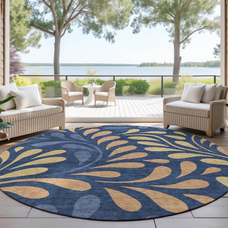 Machine Washable Indoor/ Outdoor Floral Arabesque Chantille Rug - Navy - 8' x 8'