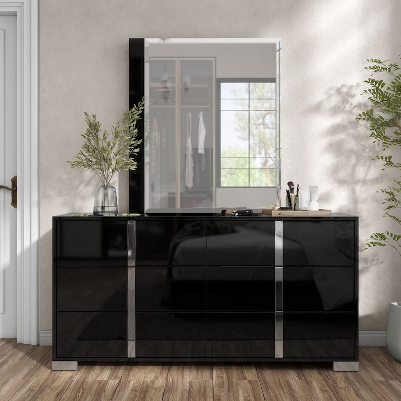 Furniture of America Erina Modern Glossy 2-Piece 6-Drawer Dresser and Mirror Set - Black