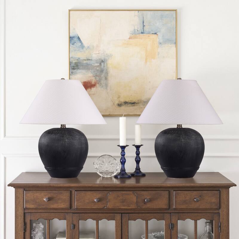 Ceramic Table Lamp with Linen Shade - 2 Pack Black smudged white - 18.1"W x18.1"Dx21.2"H