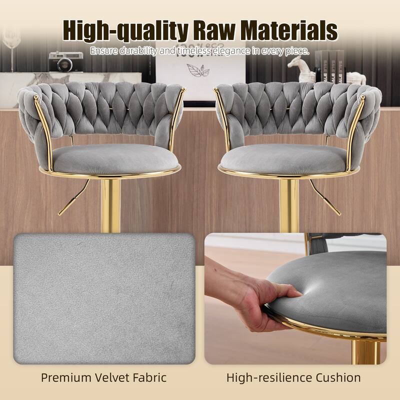 HOMEFUN Velvet Adjustable Height Swivel Armless Bar Stools With Golden Footrest(set of 2)