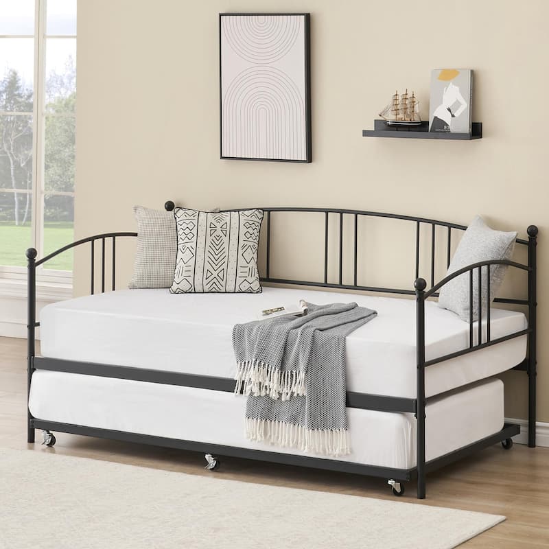 Heavy Duty Metal Daybed With Trundle Platform Sofa Bed for Bedroom