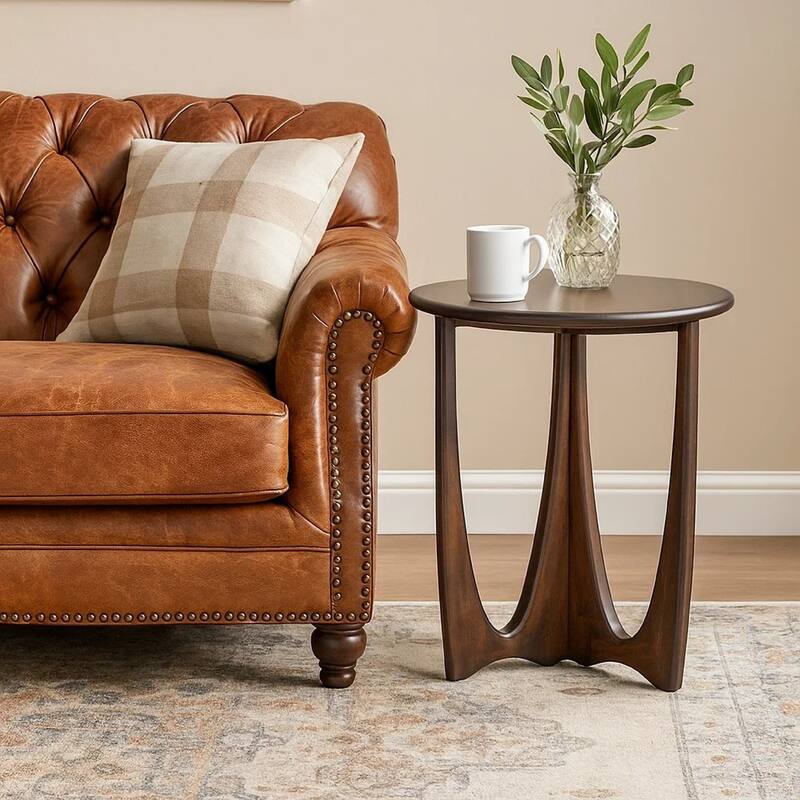 Natra Side End Table, 26 Inch Round, Cutout Base, Dark Brown Solid Wood