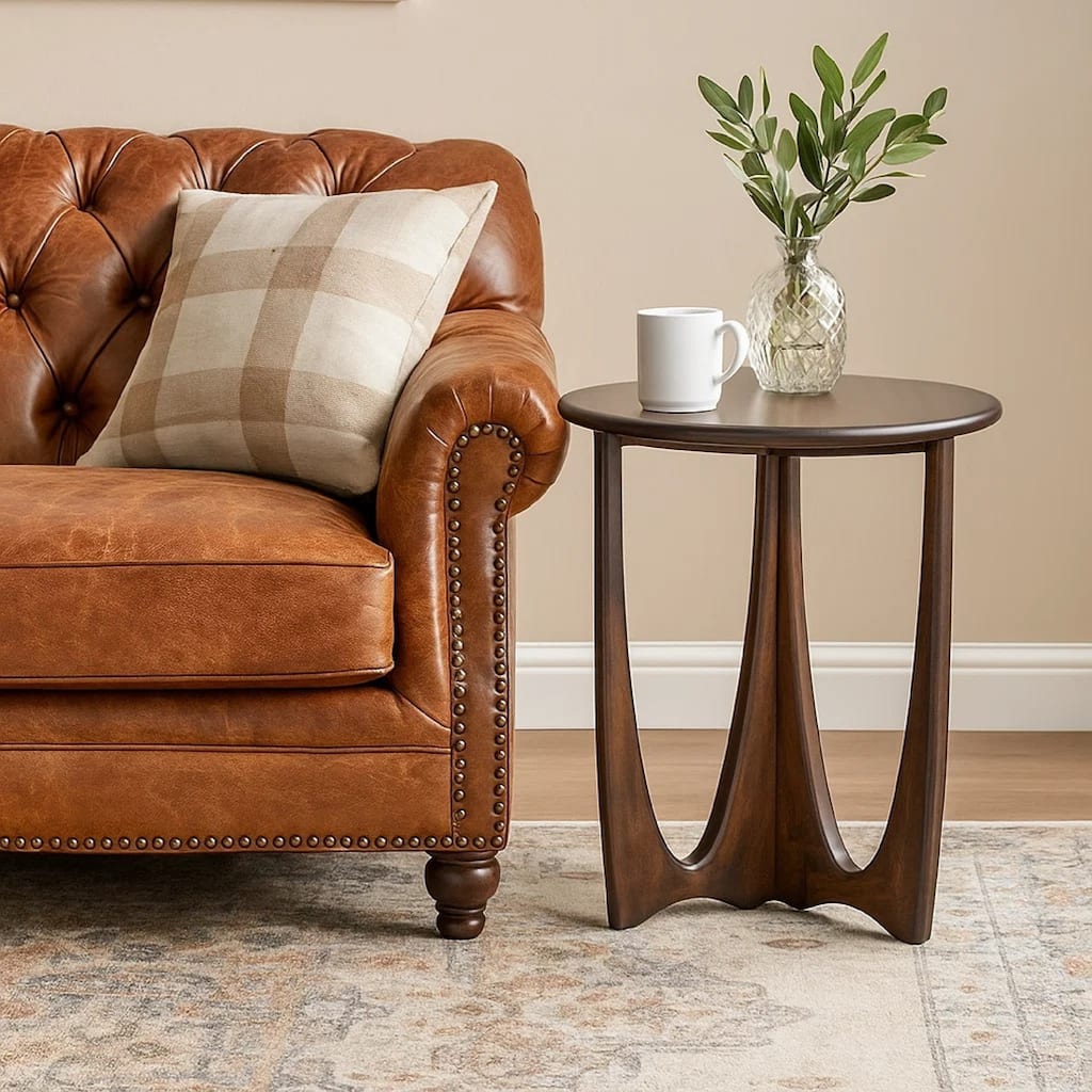 Natra Side End Table, 26 Inch Round, Cutout Base, Dark Brown Solid Wood