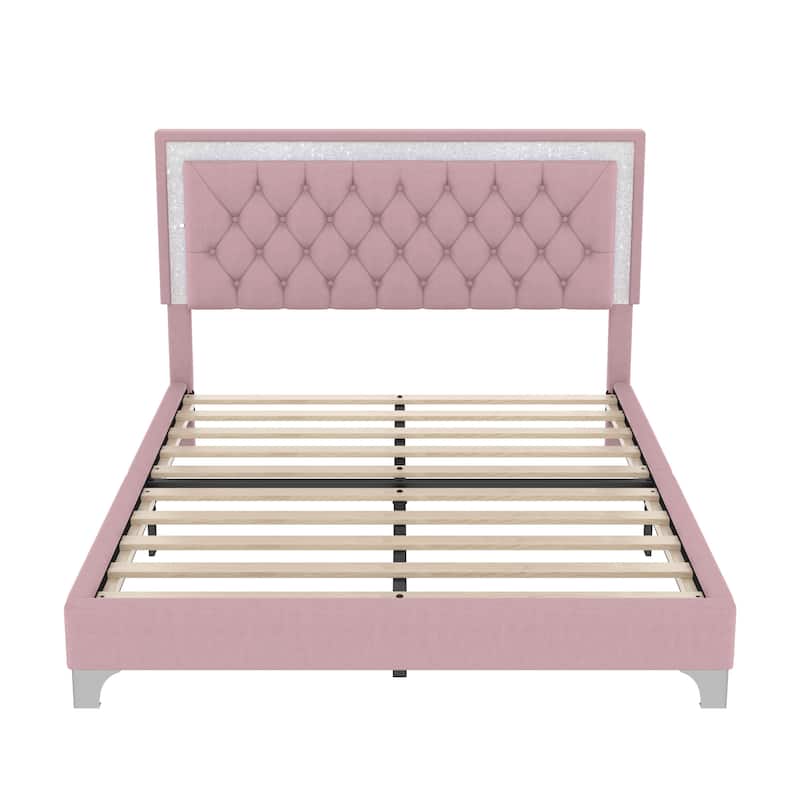 3-Pieces Bedroom Sets Queen Velvet Platform Bed with LED Tufted Headboard Upholstered Bed Frame with 2 Nightstands - Pink