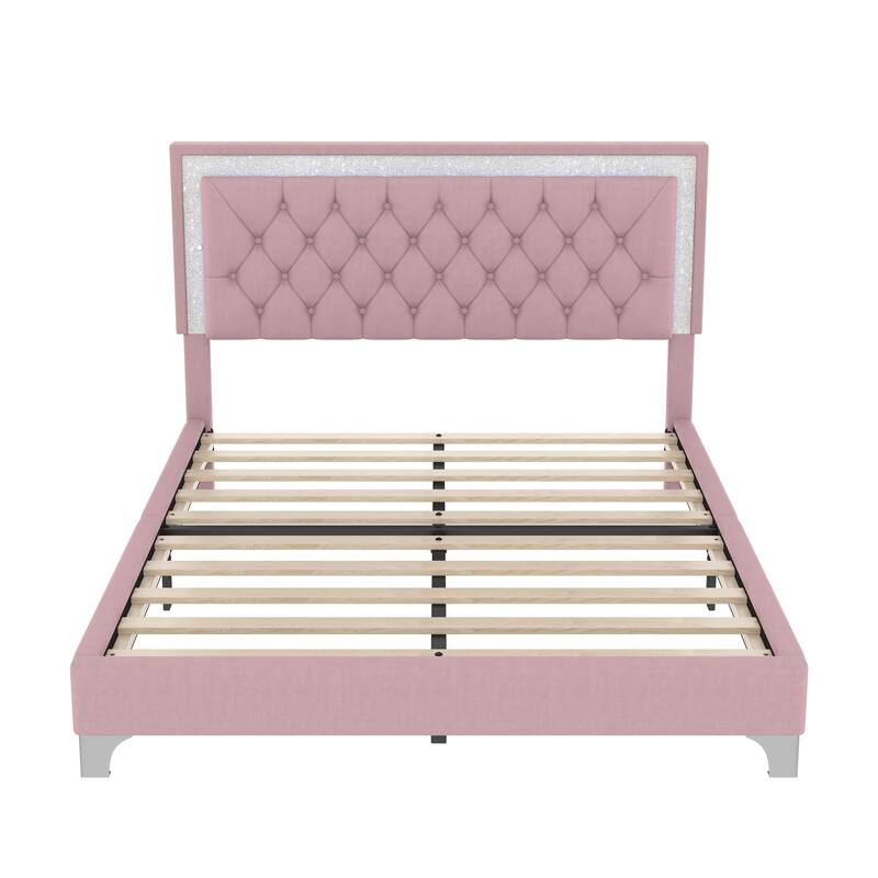 LED Platform Bed Frame Tufted Headboard Both Sides LED Button Low Profile Bed, Velvet Upholstered Panel Bed