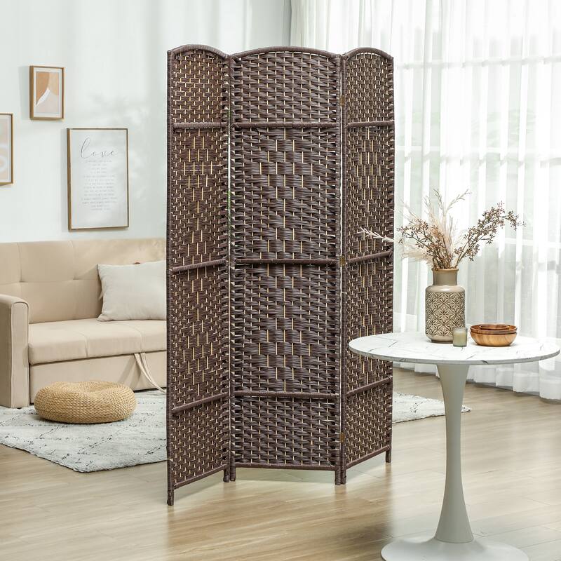 Polypropylene Freestanding Privacy Screen with Arch Design and Pine Wood Frame Ideal for Any Room - 3-Panel - Brown