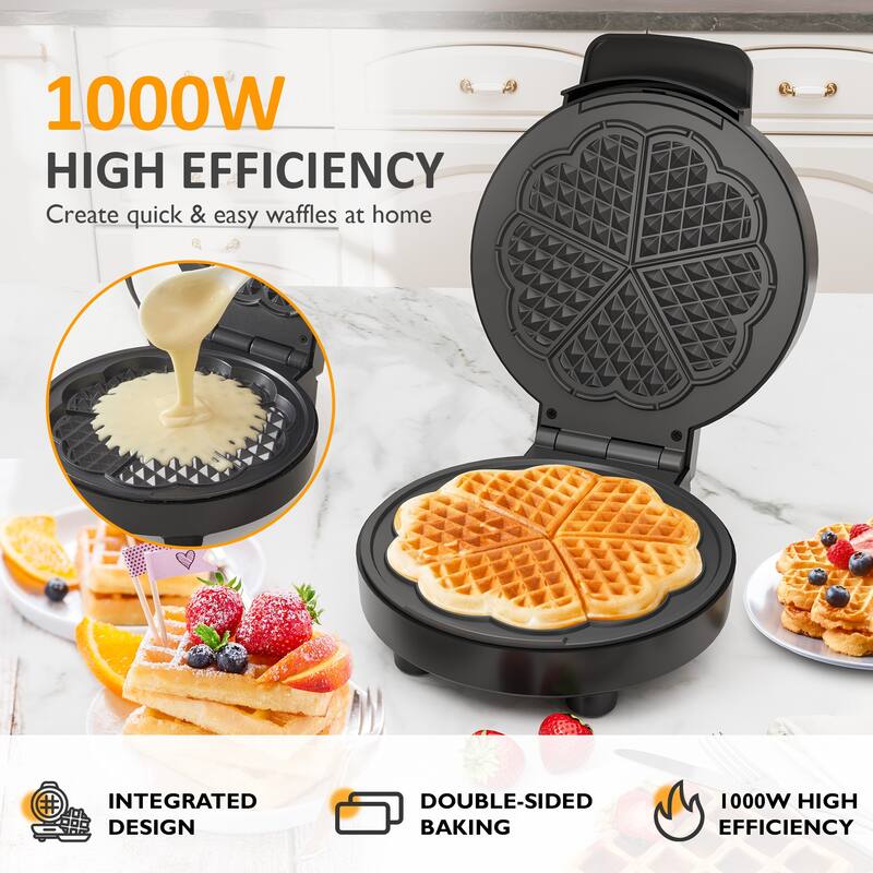 5 Heart-Shaped Waffle Maker with Adjustable Temp