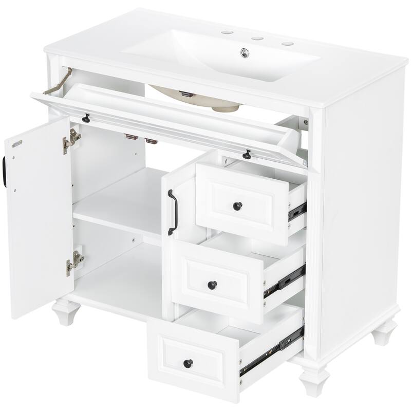 36" Bathroom Vanity with Sink - Solid Wood Cabinet with Flip Drawer, 3 Drawers & 2 Doors, Gold Handles, Modern Vanity