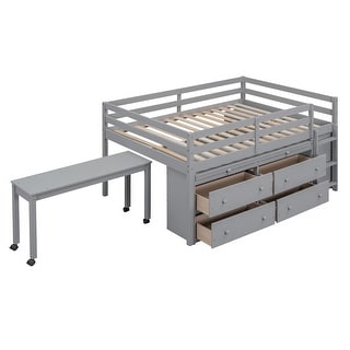 Full Low Loft Bed with Rolling Portable Desk & Shelves, Wood Loft Bed Frame with 4 Drawers for Kids & Teens, Boys, Girls Grey