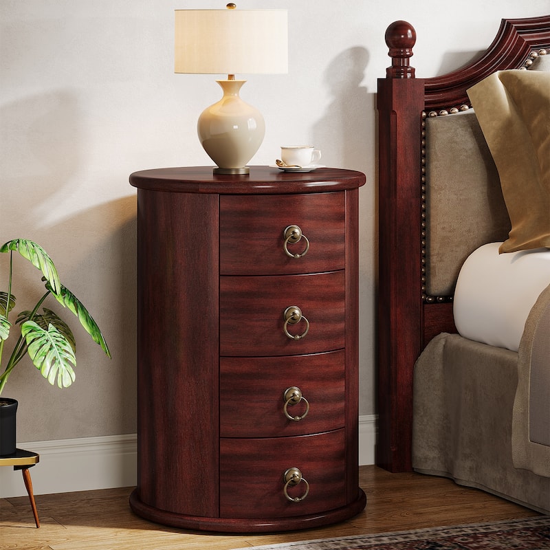 Solid Wood Bedside Table, Round Nightstand with 4 Drawers - 1PC-Cherry