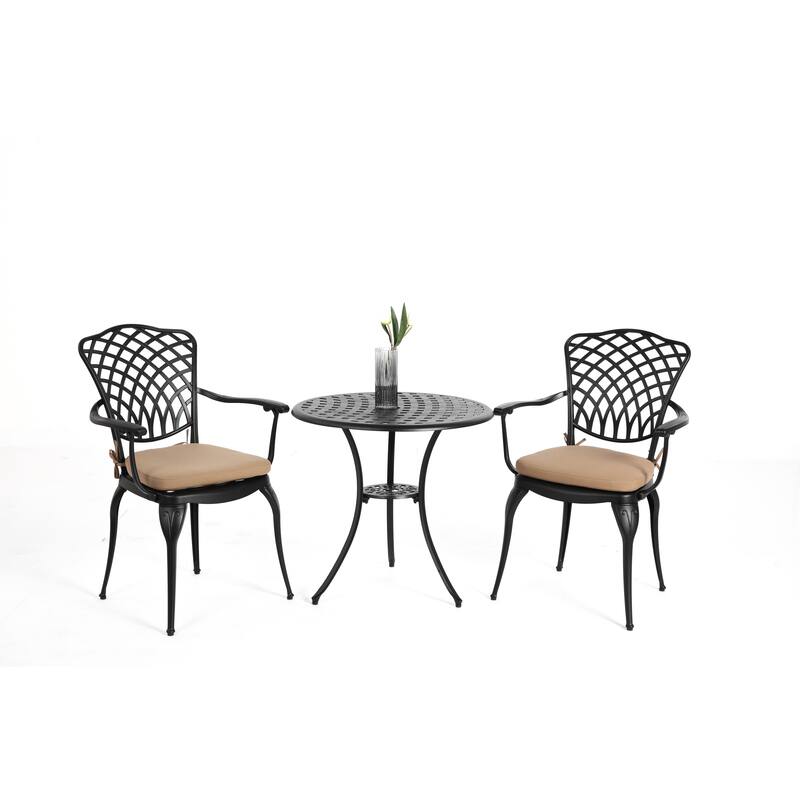 Outdoor 3-Piece Bistro Table and Chairs Set with Umbrella Hole, Patio Aluminum Chairs Set with Cushion & Round Table