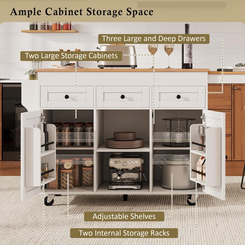 85.5" Kitchen Island with Extendable Dining Table, Rolling Kitchen Island with Sotrage Shelves, Drawers and Power Outlet