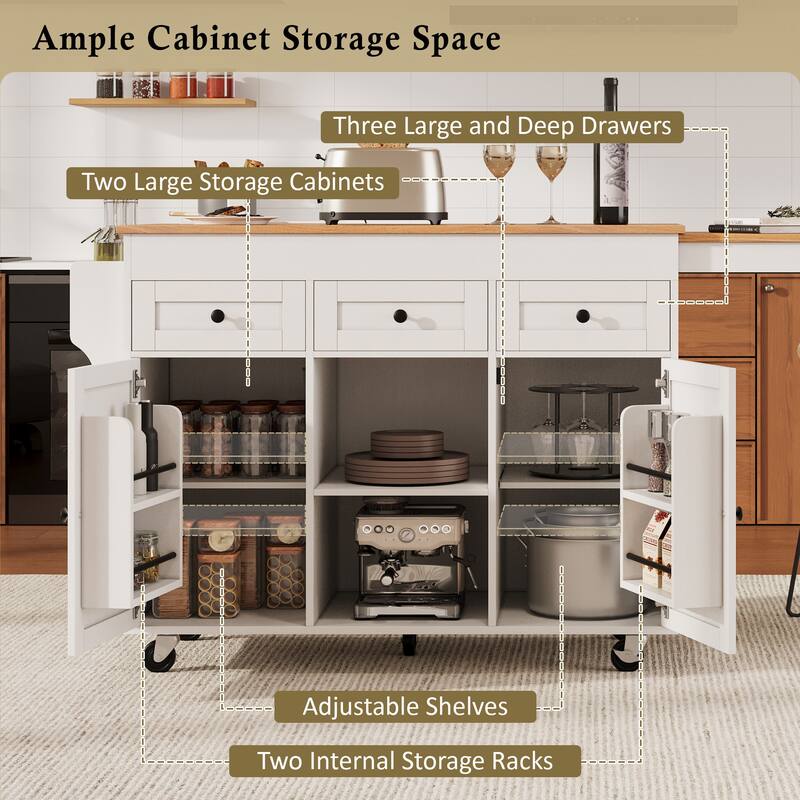 85.5"Kitchen Island with Extendable Dining Table, with 3 Side Open Shelves,Rolling Island with Power Outlet,3 Drawers,2 Doors