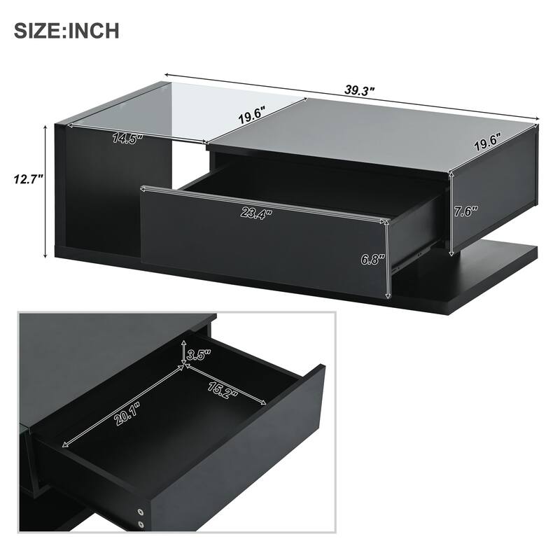 Modern Coffee Table w/ Tempered Glass Tabletop, Cocktail Table w/ High-gloss UV Surface, Modernist 2-Tier Rectangle Center Table