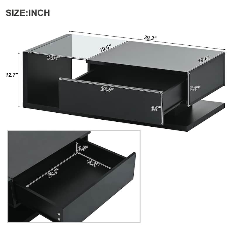 Roomfitters Modern Coffee Table with Tempered Glass Top, High Gloss 2-Tier Rectangle Center Table for Living Room