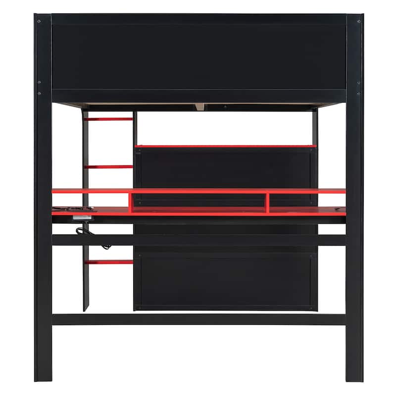 Full Size Esports Loft Bed, Built-In Gaming Station with Adjustable Desk, Wardrobe, Book Shelves, USB Port & RGB Strip Lighting