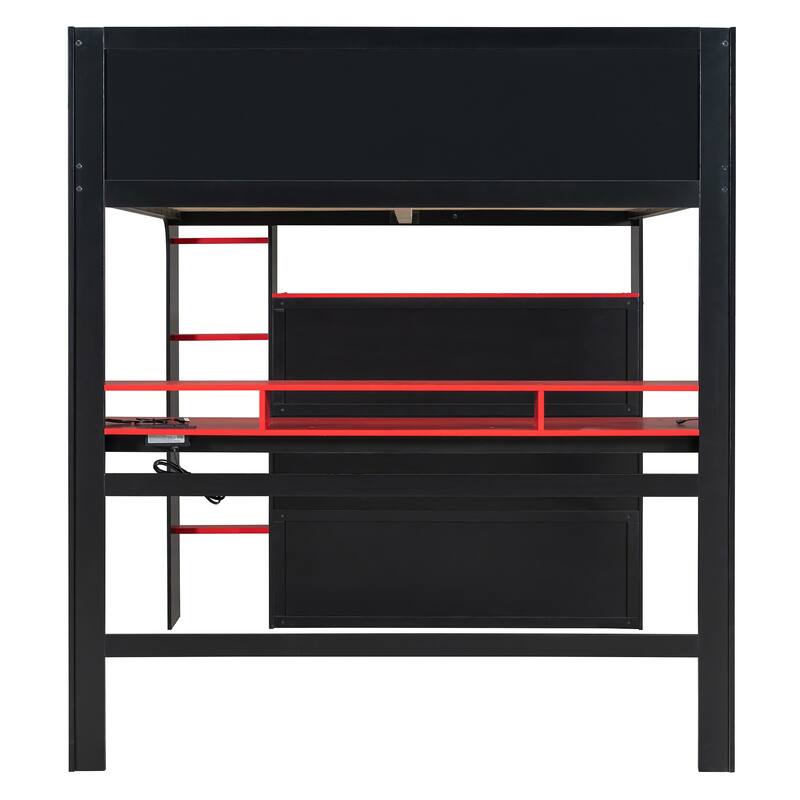 Roomfitters Full Size Loft Bed with Adjustable Desk, Wardrobe Storage, and RGB Lighting