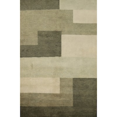 Hand Knotted Oriental 100% Wool Carpet Modern Geometric Green Gabbeh Area Rug - 7' 8'' X 5' 5''