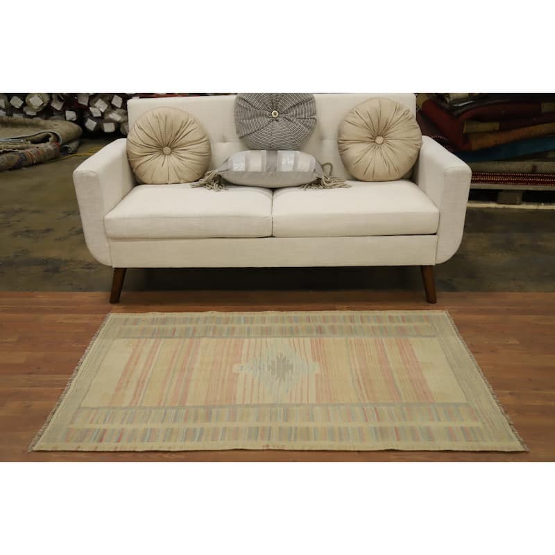 Hand Woven Oriental 100% Wool Carpet Southwestern Tribal Multi-Colored Kilim Area Rug - 4' 9'' X 3' 4''