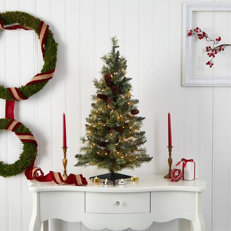 Christmas Tree 3ft Pine Tree with Lights & Pine Cones - Holiday Decor - 3ft.