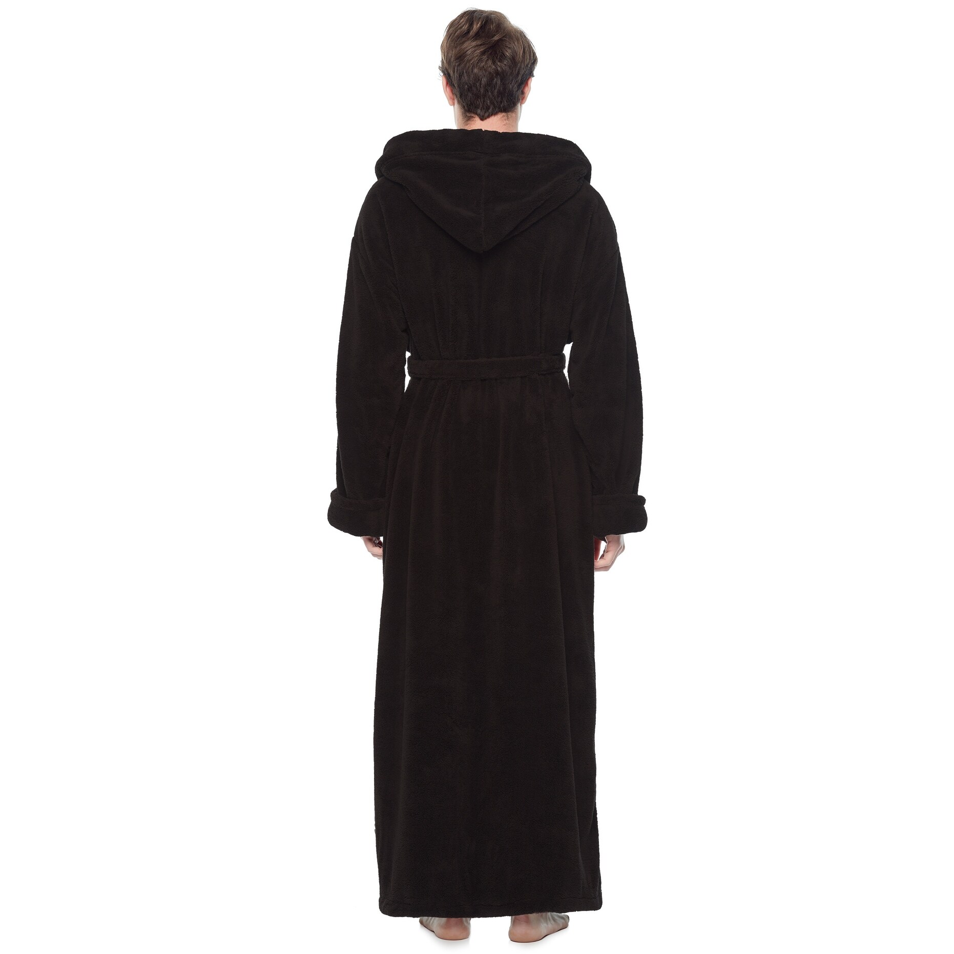 Men s Hooded Soft Plush Fleece Bathrobe Full Length Robe S M Ankle Length Black