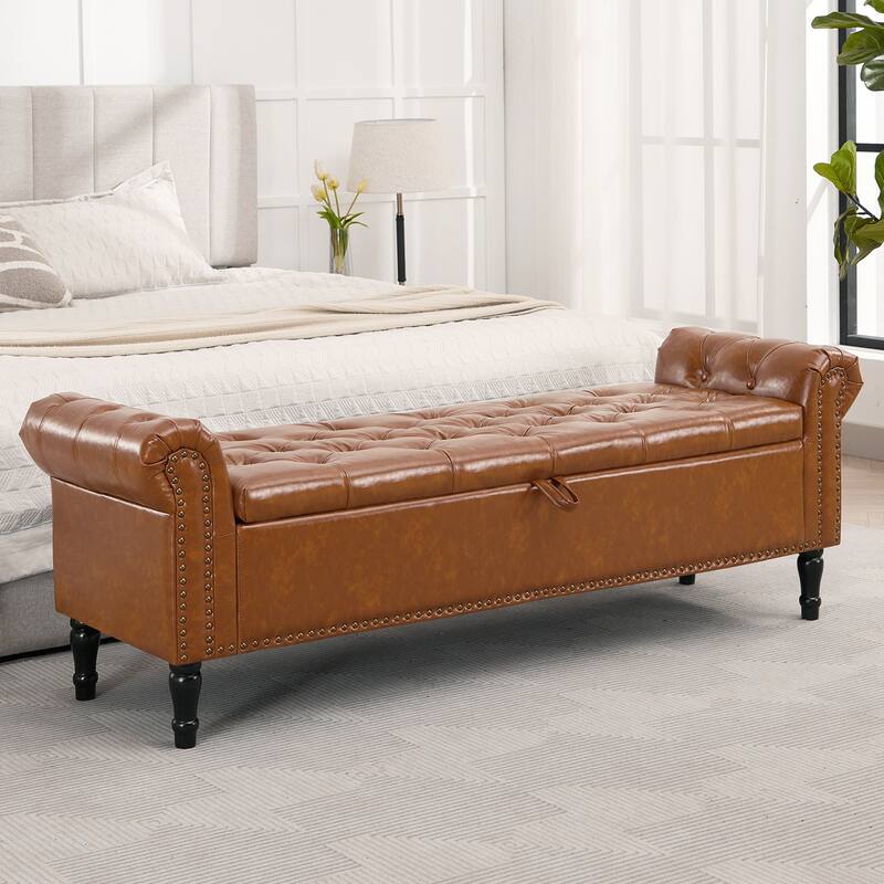67" Velvet Tufted Storage Bench for Bedroom End of Bed with Roll Arms
