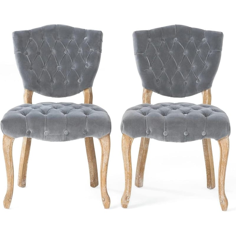 2PCS Tufted Polyester Dining Chairs With Wood Legs