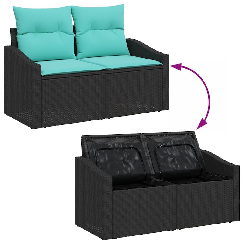 vidaXL 10 Garden Sofa Set with Cushions Black Poly Rattan - 113.8 x 70.3 x 27.2