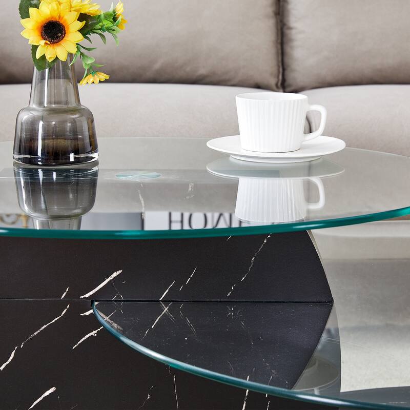 Roomfitters Double Layer Coffee Table with White Marble and Wood Grain Finish, Artistic Modern Design